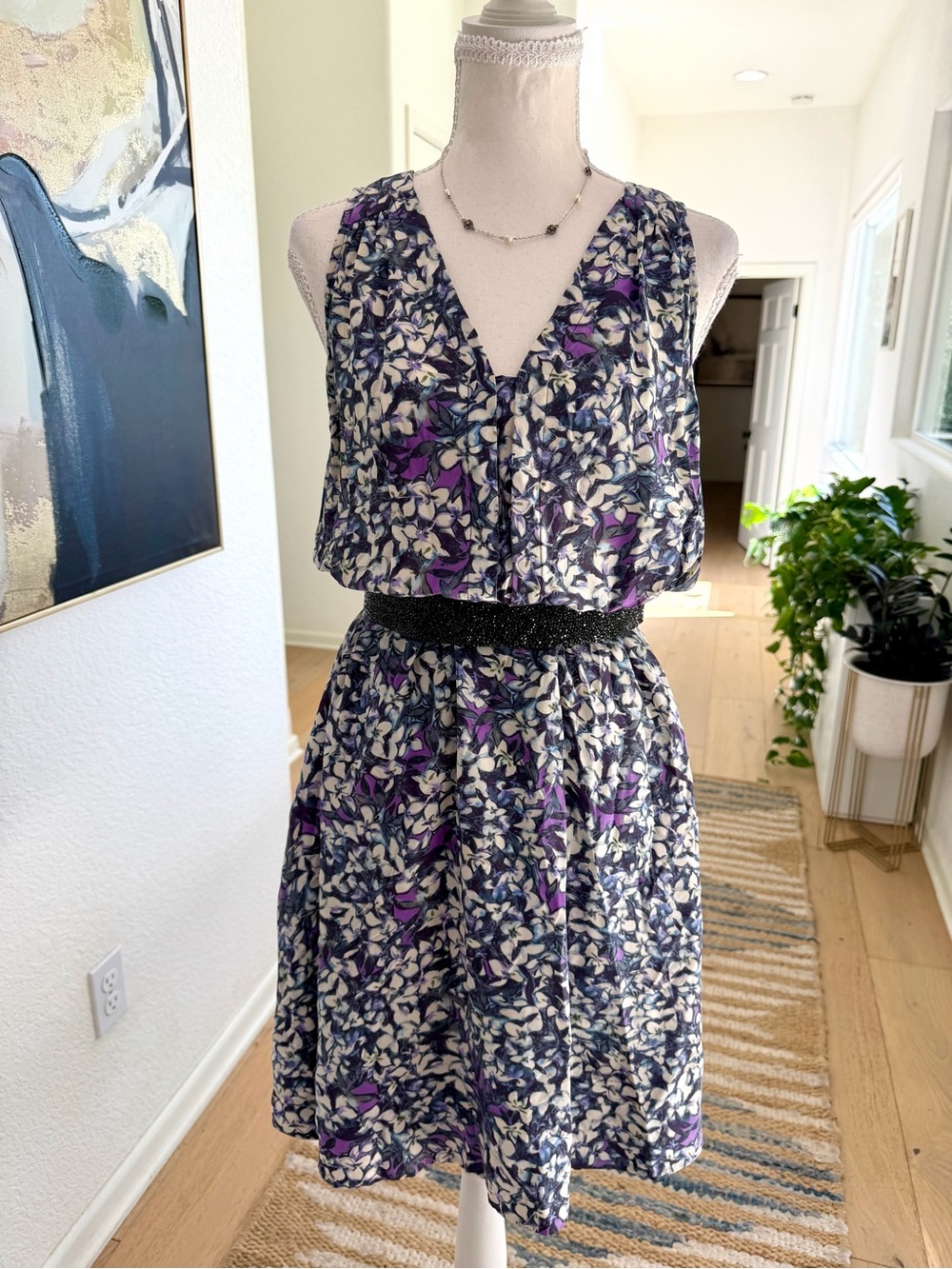 Rebecca Taylor Purple Floral V-Neck Sleeveless Silk Mini Dress SZ 6 Fully Lined